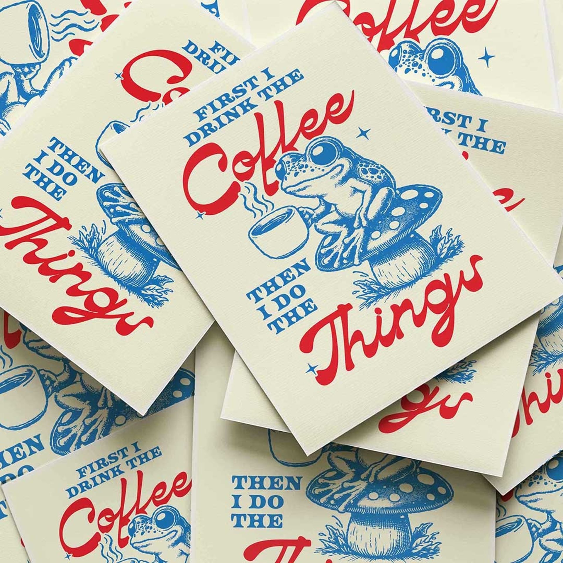 Funny coffee frog wall art with retro typography and whimsical mushroom illustration