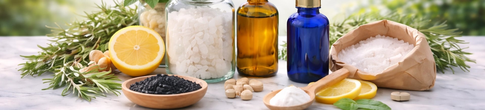 ingredientes naturais minerais ervas e óleos essenciais representando saúde natural