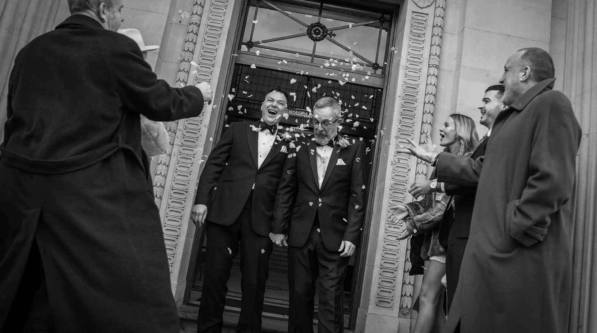 Boris and Trevor confetti moment on the steps of Old Marylebone Town Hall