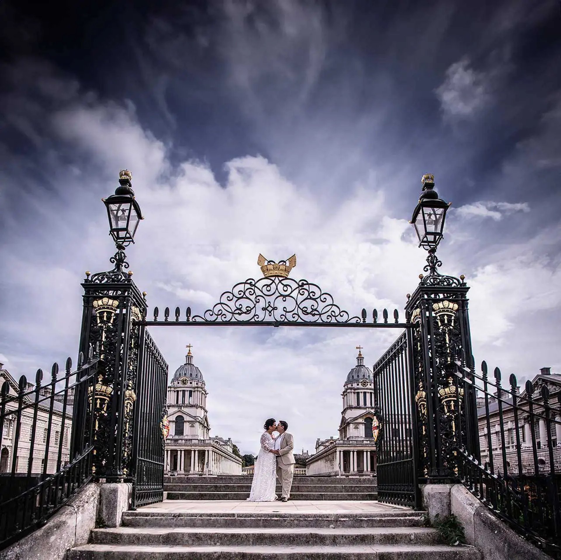 wedding couple standing in the grounds of the royal naval college greenwich