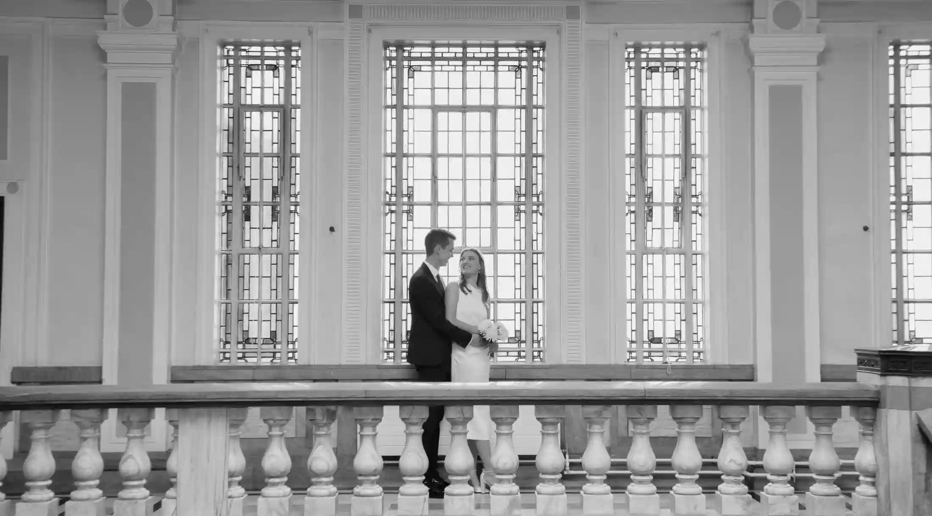Emel and Ross inside Islington Town Hall after their wedding ceremony
