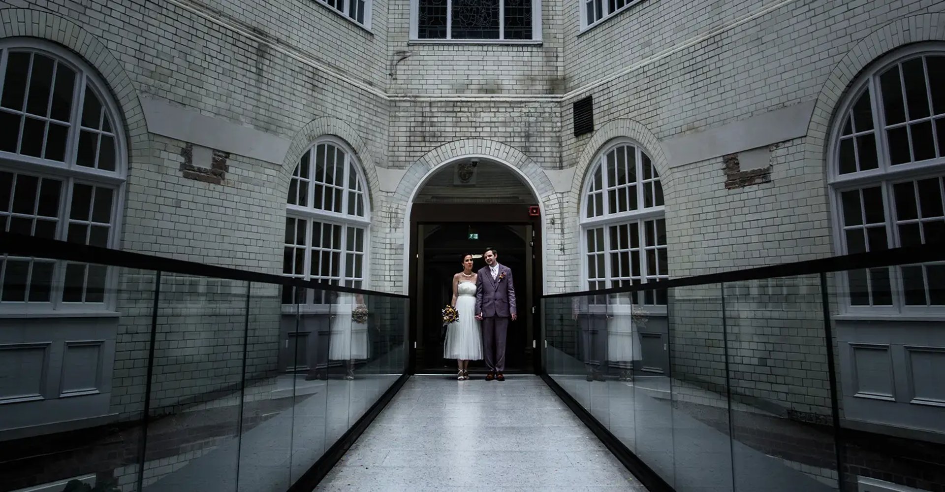 wedding couple on the bridge inside Lambeth Town Hall