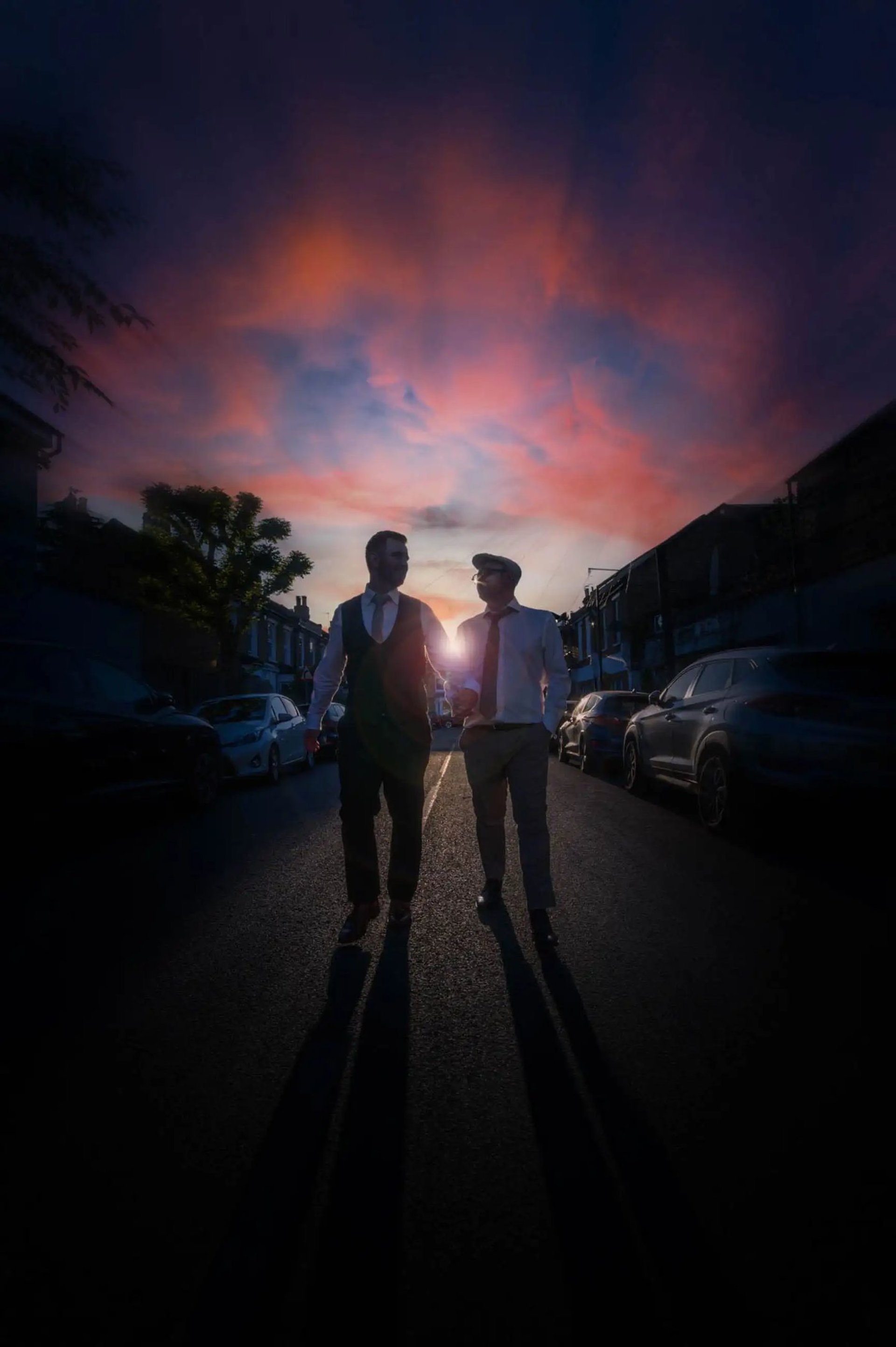two grooms listening to their friend give a speech at their ceremony