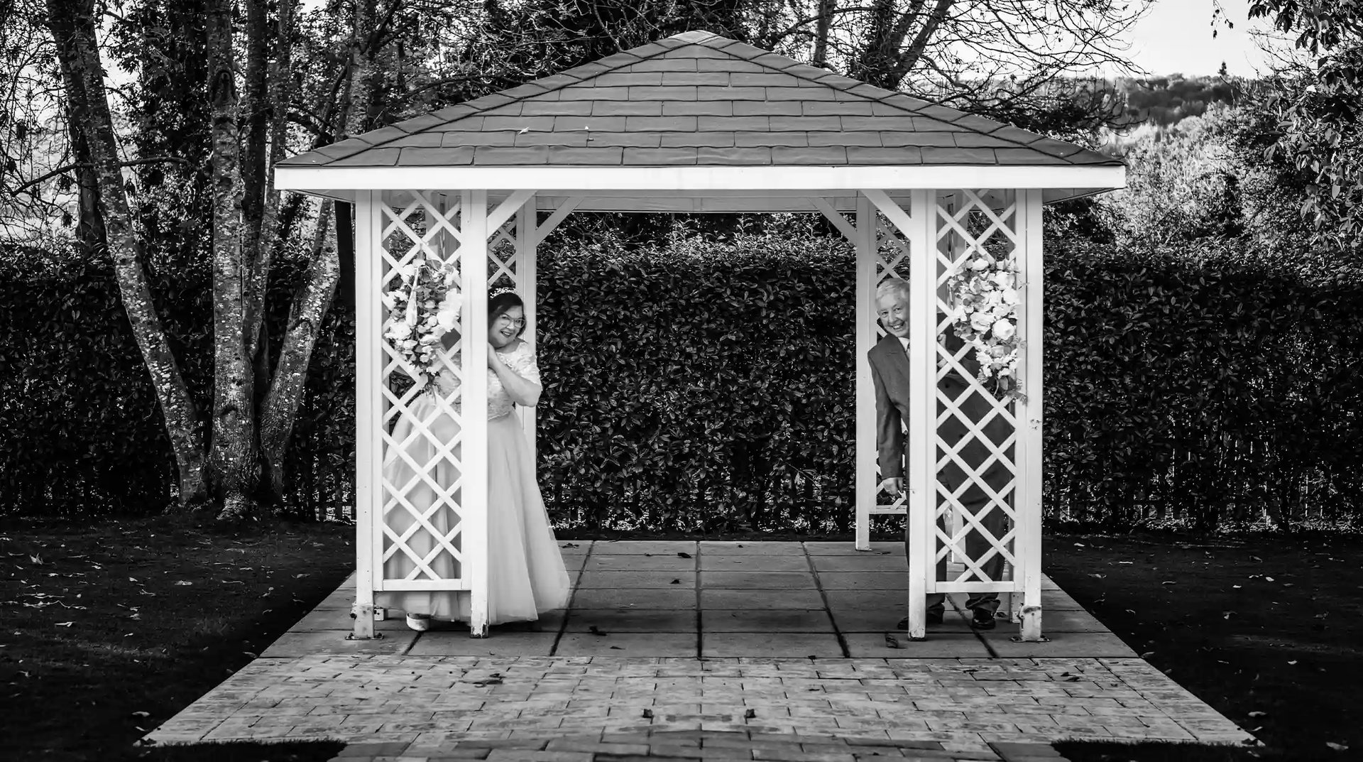 Denise and Gary on teh grounds of The Darenth after their wedding ceremony