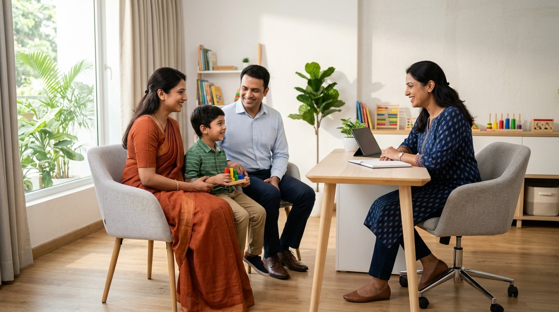 Parents swing their happy son between them outdoors