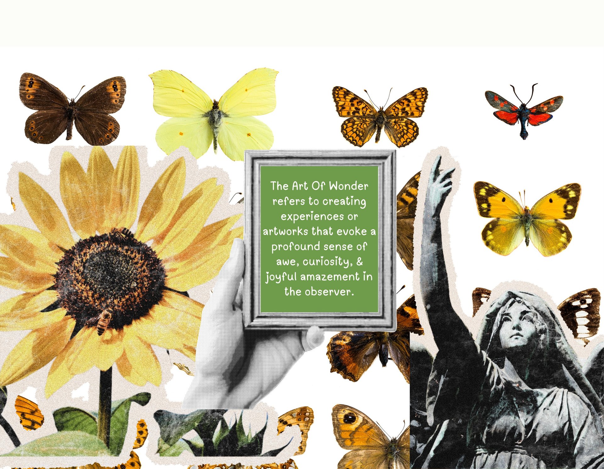 a collage of pictures and words on a wooden surface