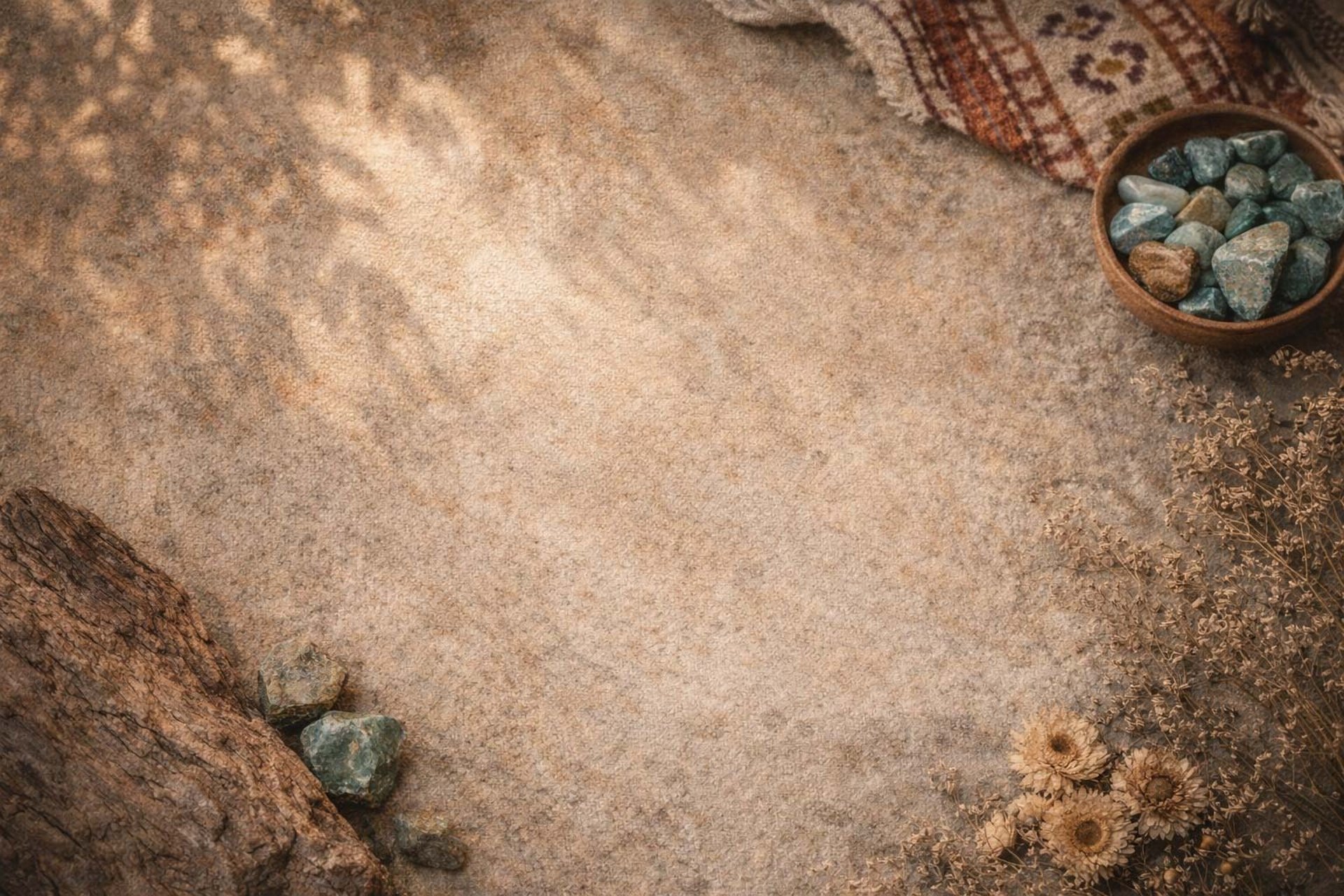 Fondo de tierra, en el contorno un cuenco con piedras naturales, un tapete y flores secas.