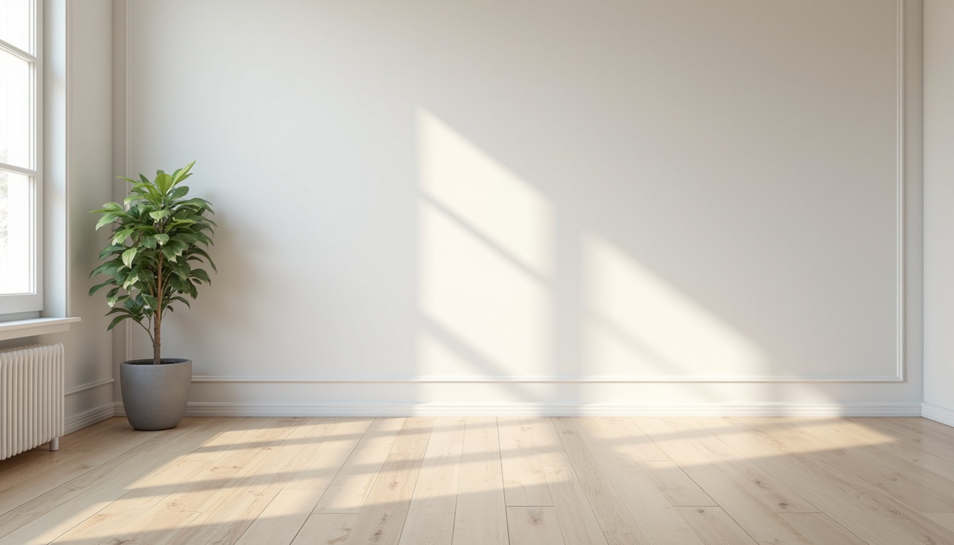 Coin de pièce lumineux avec fenêtre et sol en bois.