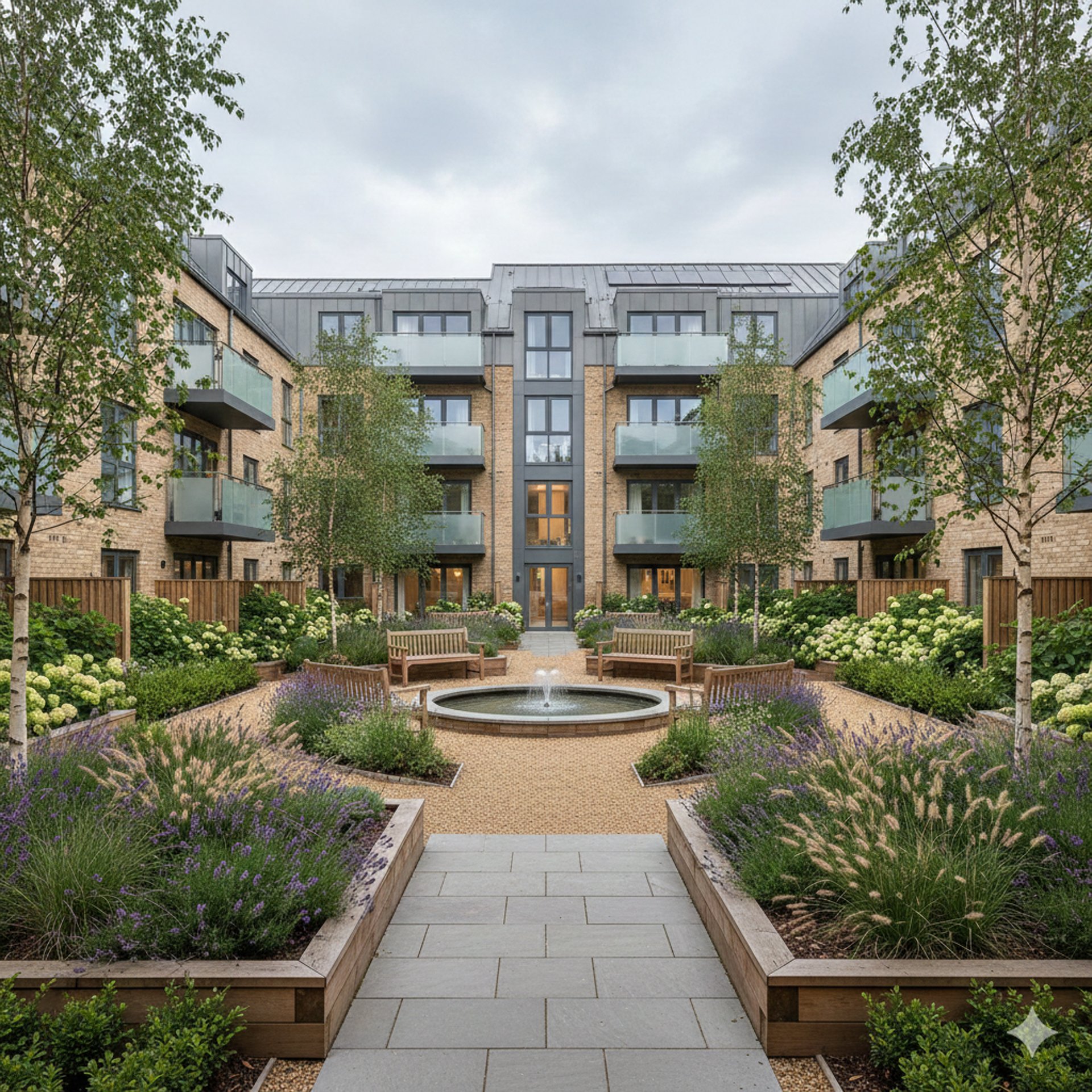 A low rise, smart apartment block surrounding three sides of courtyerd with with attractive planting and a water feature,