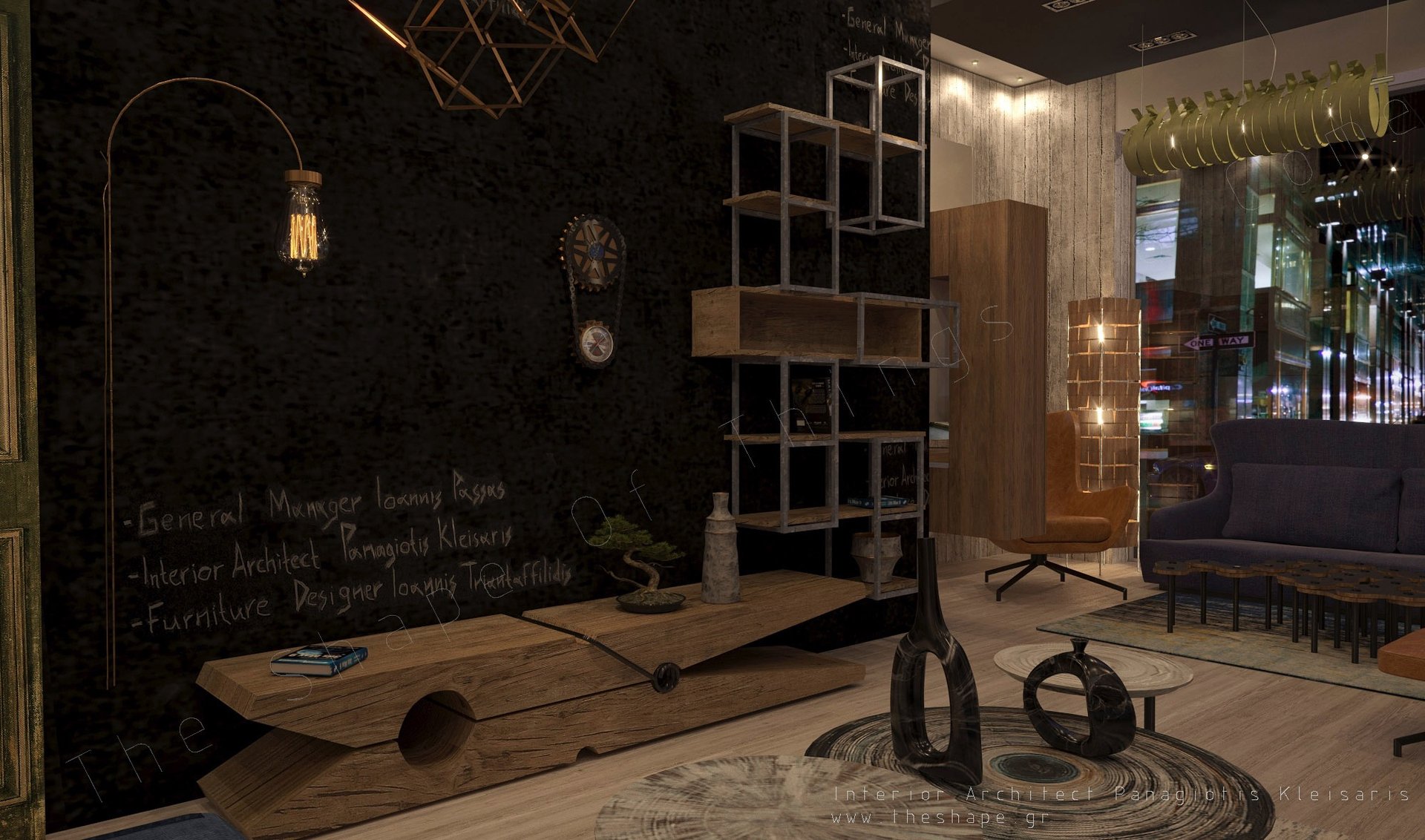 a chair sitting in front of an orange wall