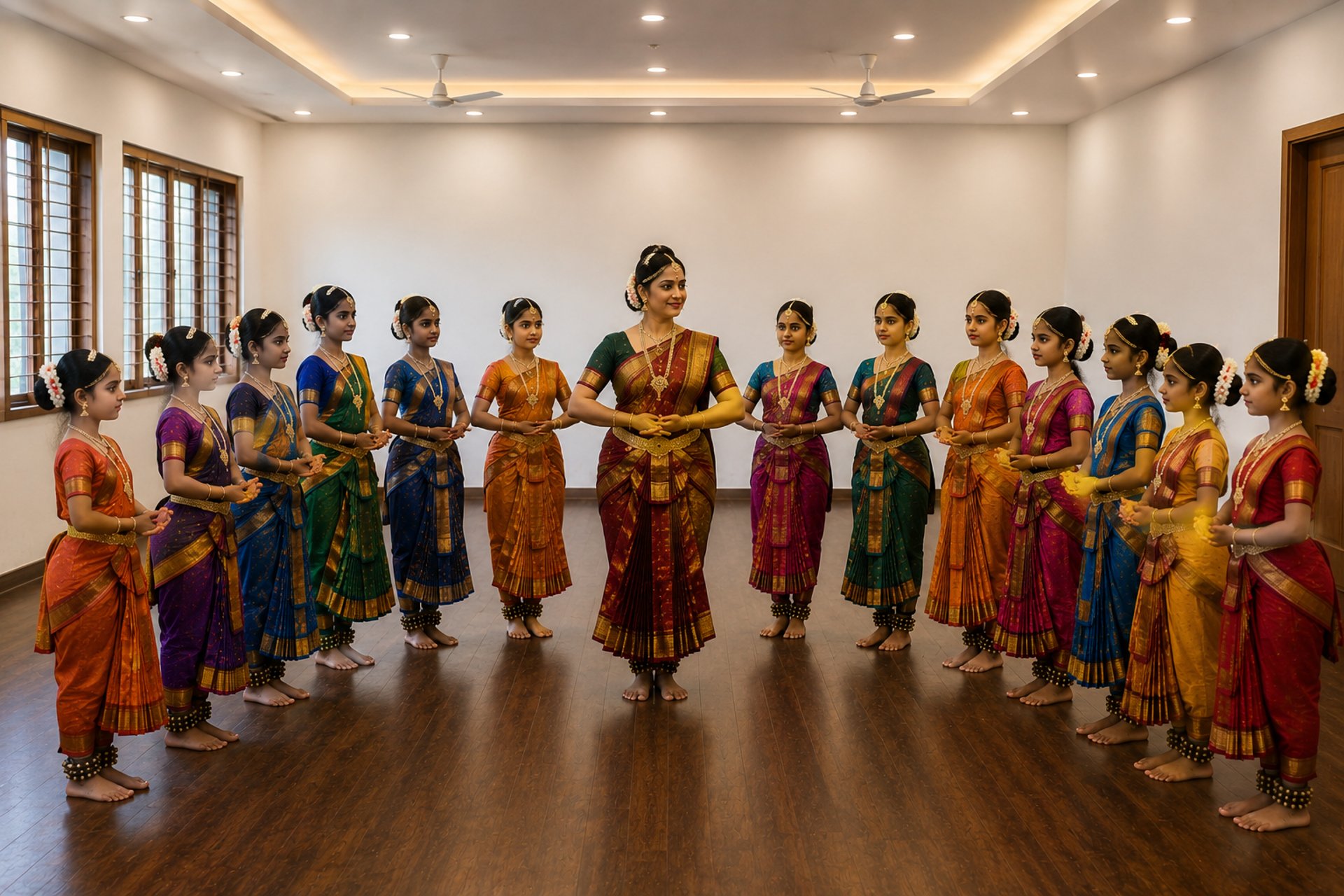 Five dancers in colorful traditional indian attire on steps