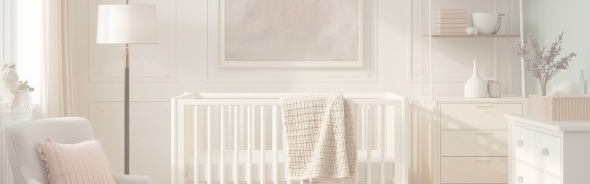 Sfeervolle en serene babykamer in minimalistische stijl met neutrale zandtonen en natuurlijker materialen.