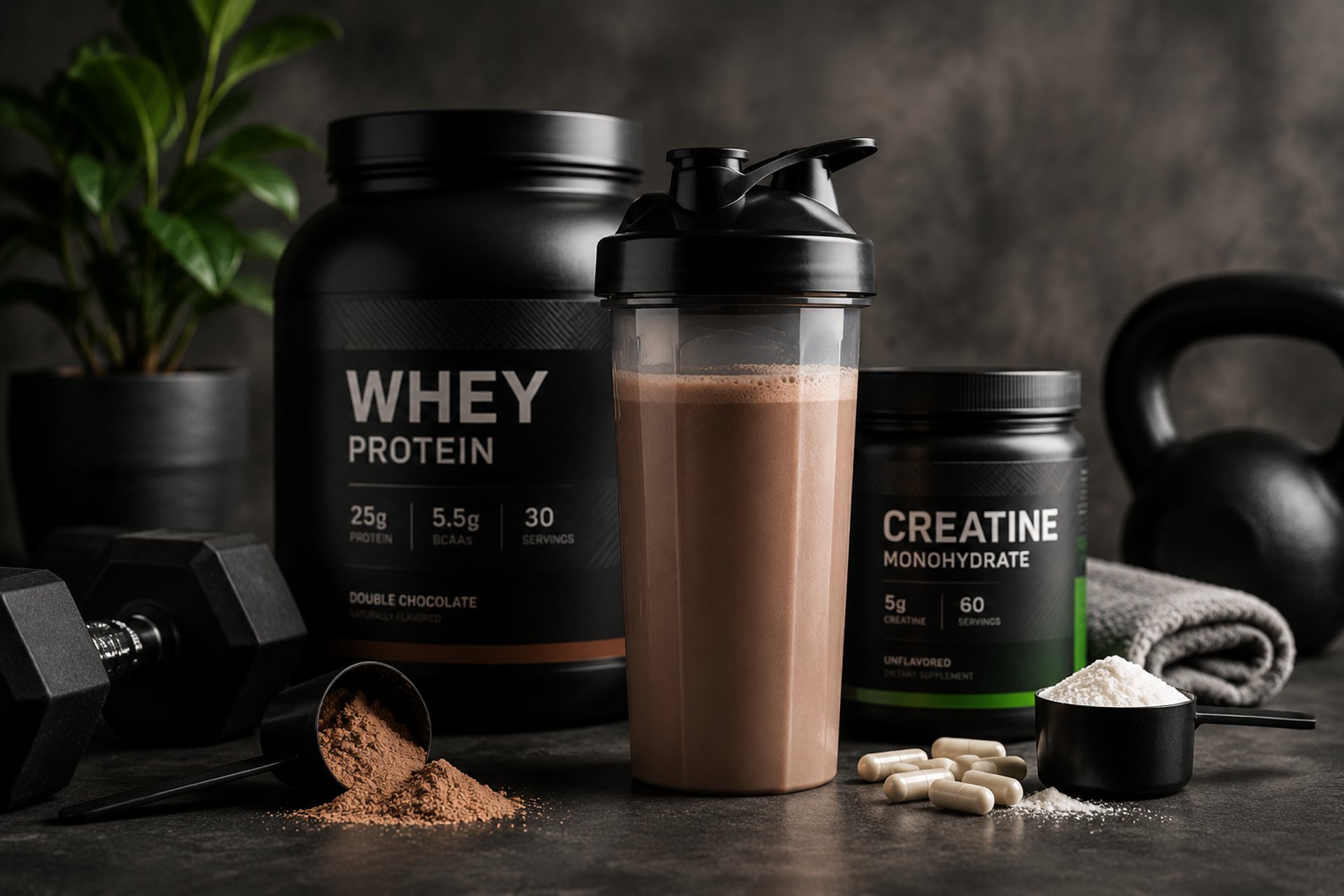 three containers of protein powder next to a blender