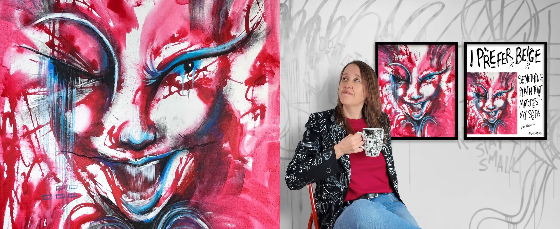 Banner featuring Artist Tara Roskell and her Not My Collector satirical paintings