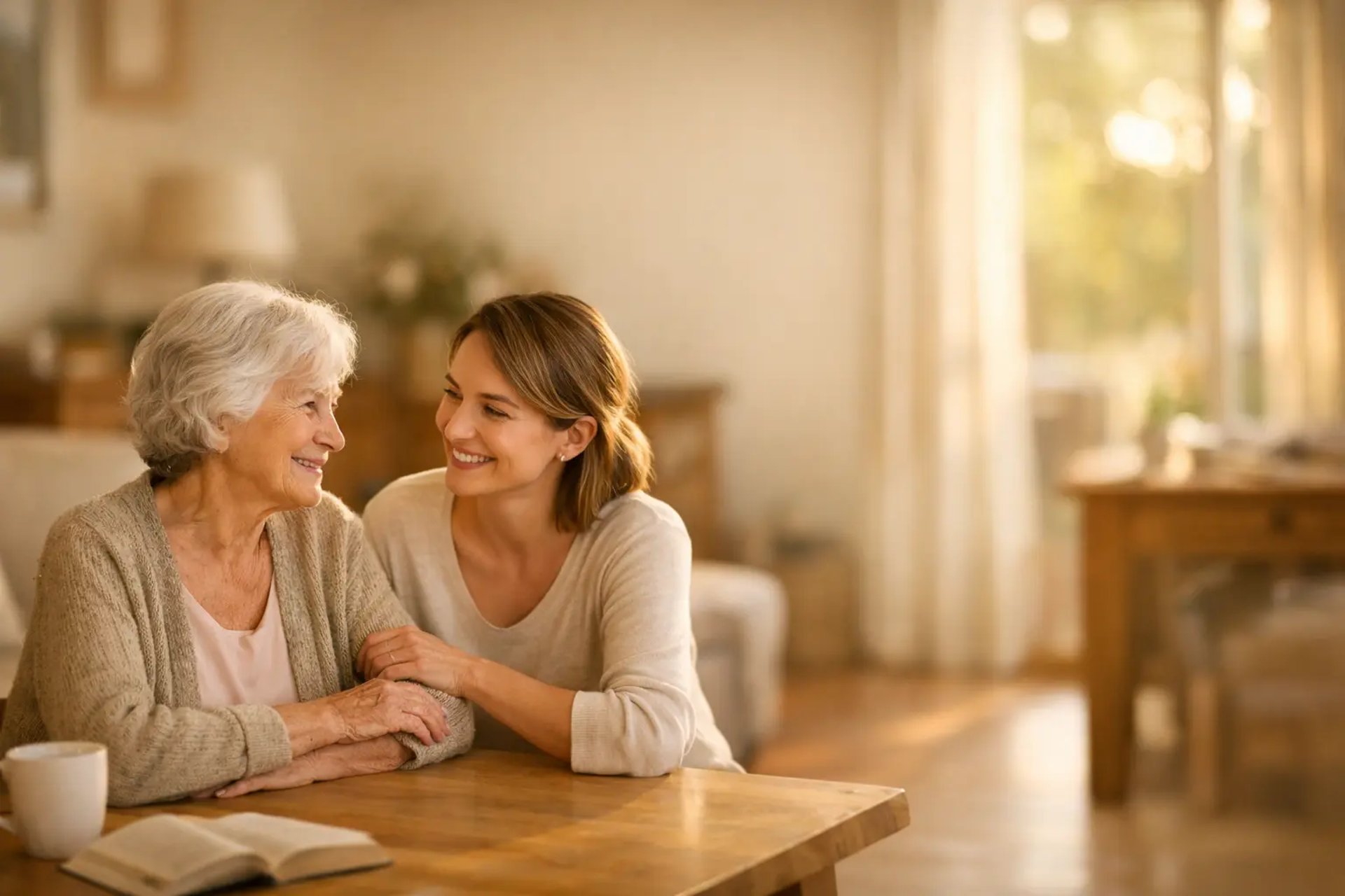 Aidante accompagnant une personne âgée à domicile dans un intérieur chaleureux à Nantes