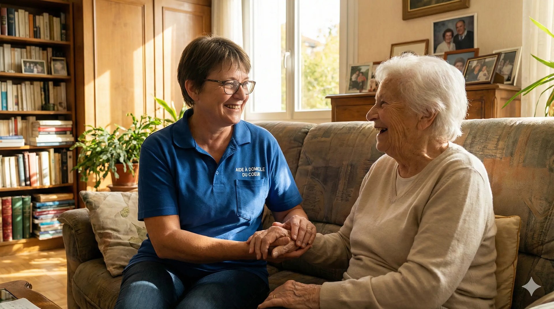 Intervenante professionnelle de l'association Aide à Domicile du Coeur, souriante auprès d'une personne âgée à Nantes
