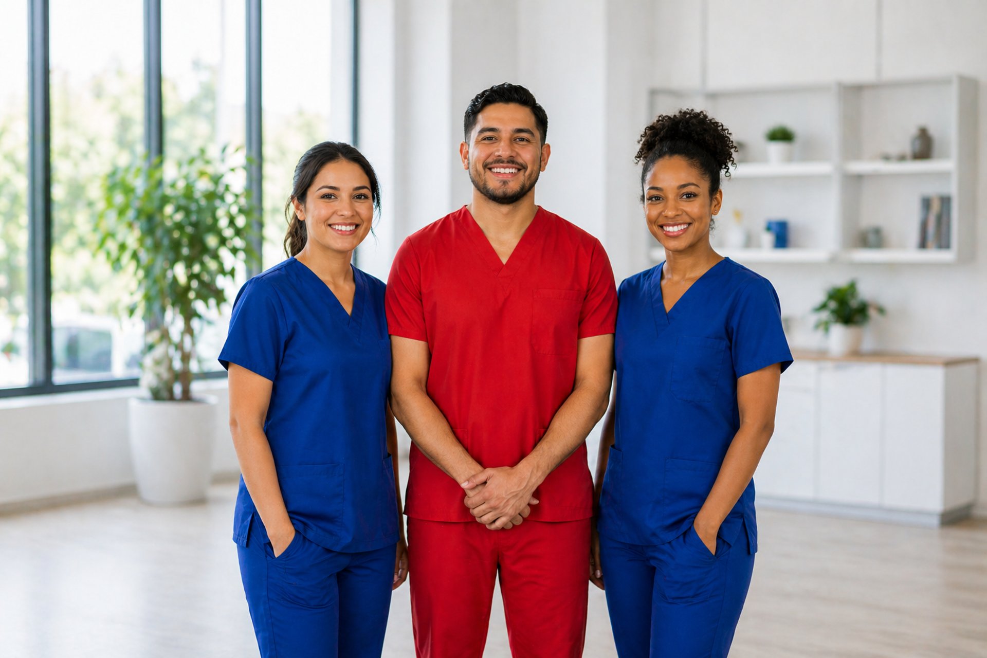 Two female and one male caregivers posing in scrubs in a nice office environment