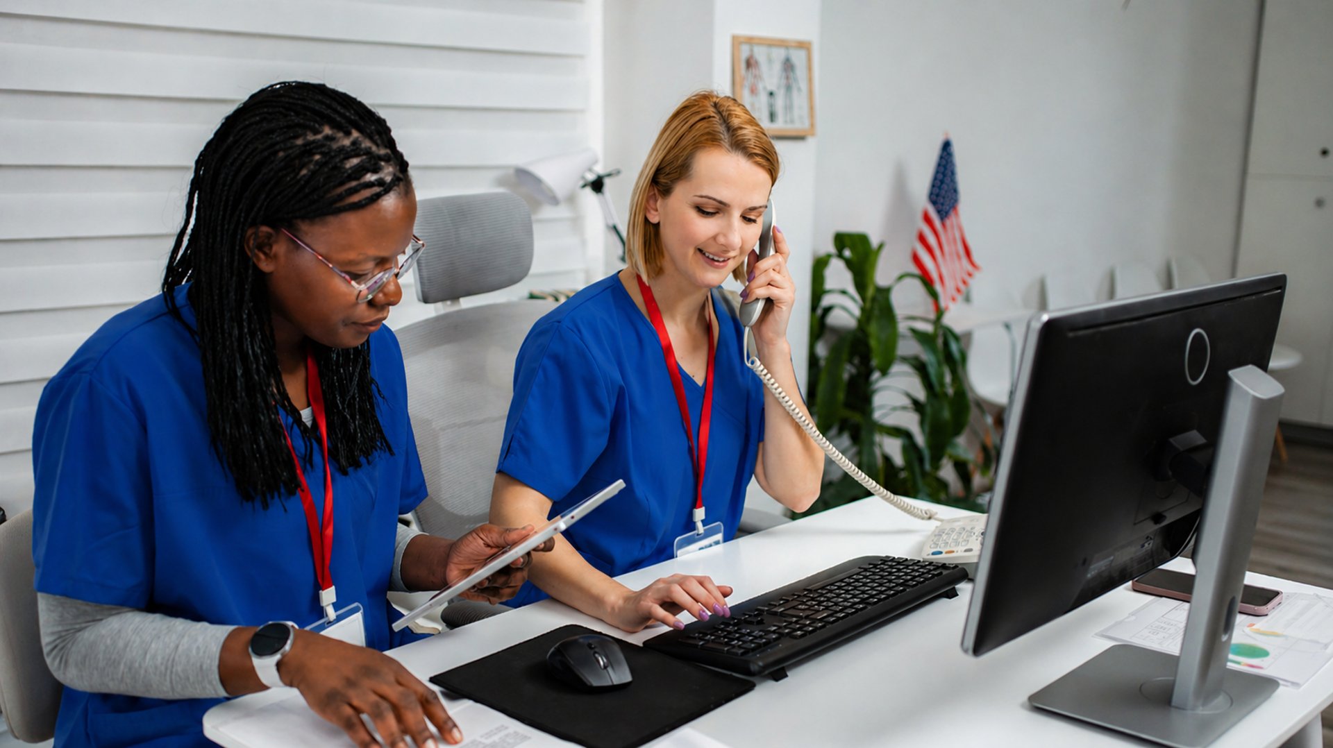 In-home care team answering phones and assisting clients on a computer in a professional office setting