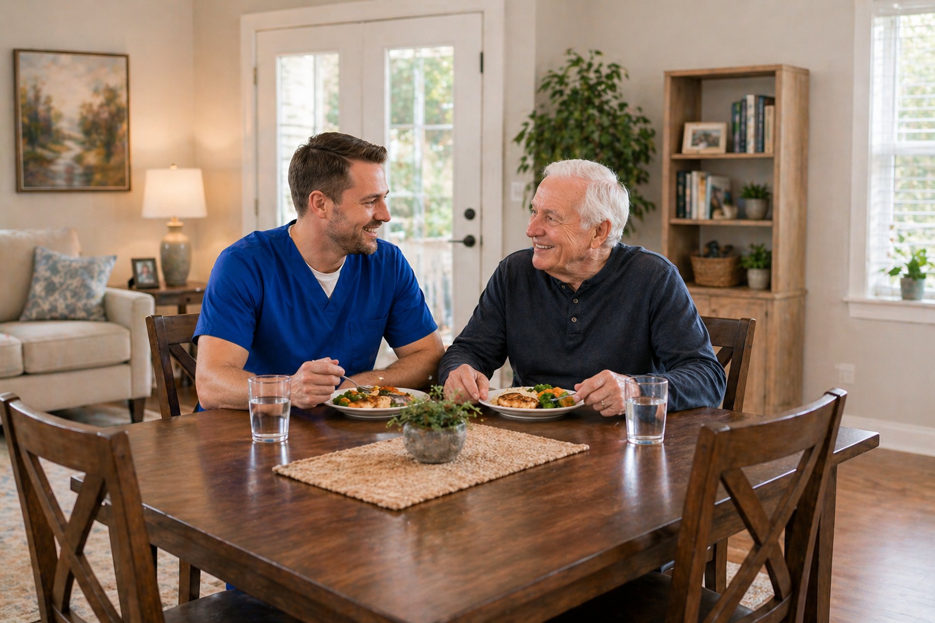 Caregiver supporting senior during mealtime at home, representing in-home care and daily living assistance
