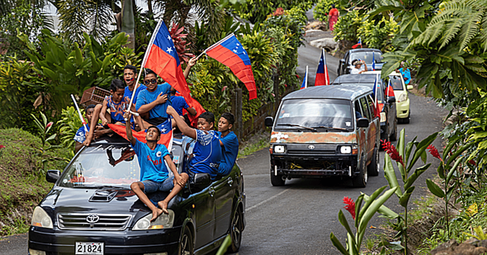 a man standing on top of a palm tree holding a flag