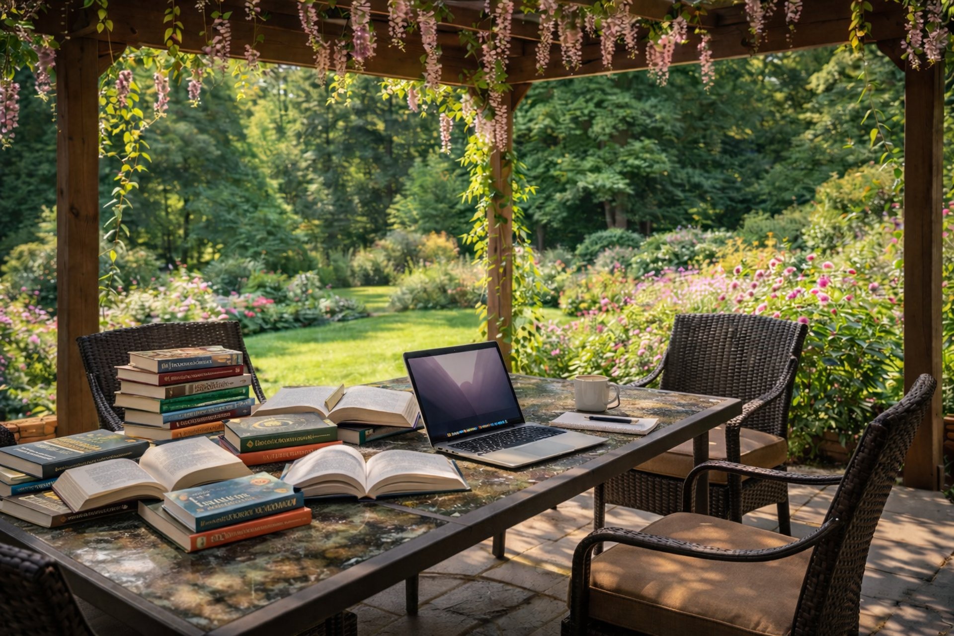 Quiet workspace on outside patio in garden