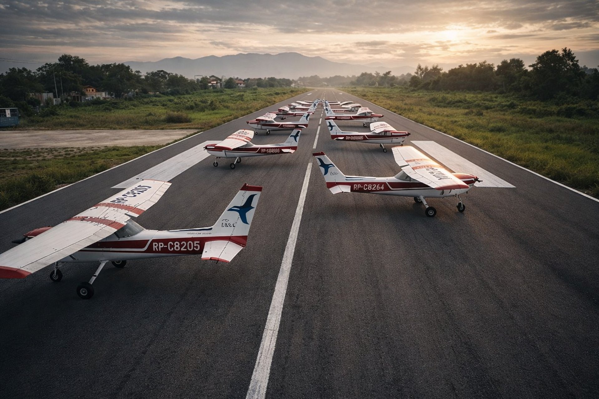 an aerial view of an airport runway at sunset