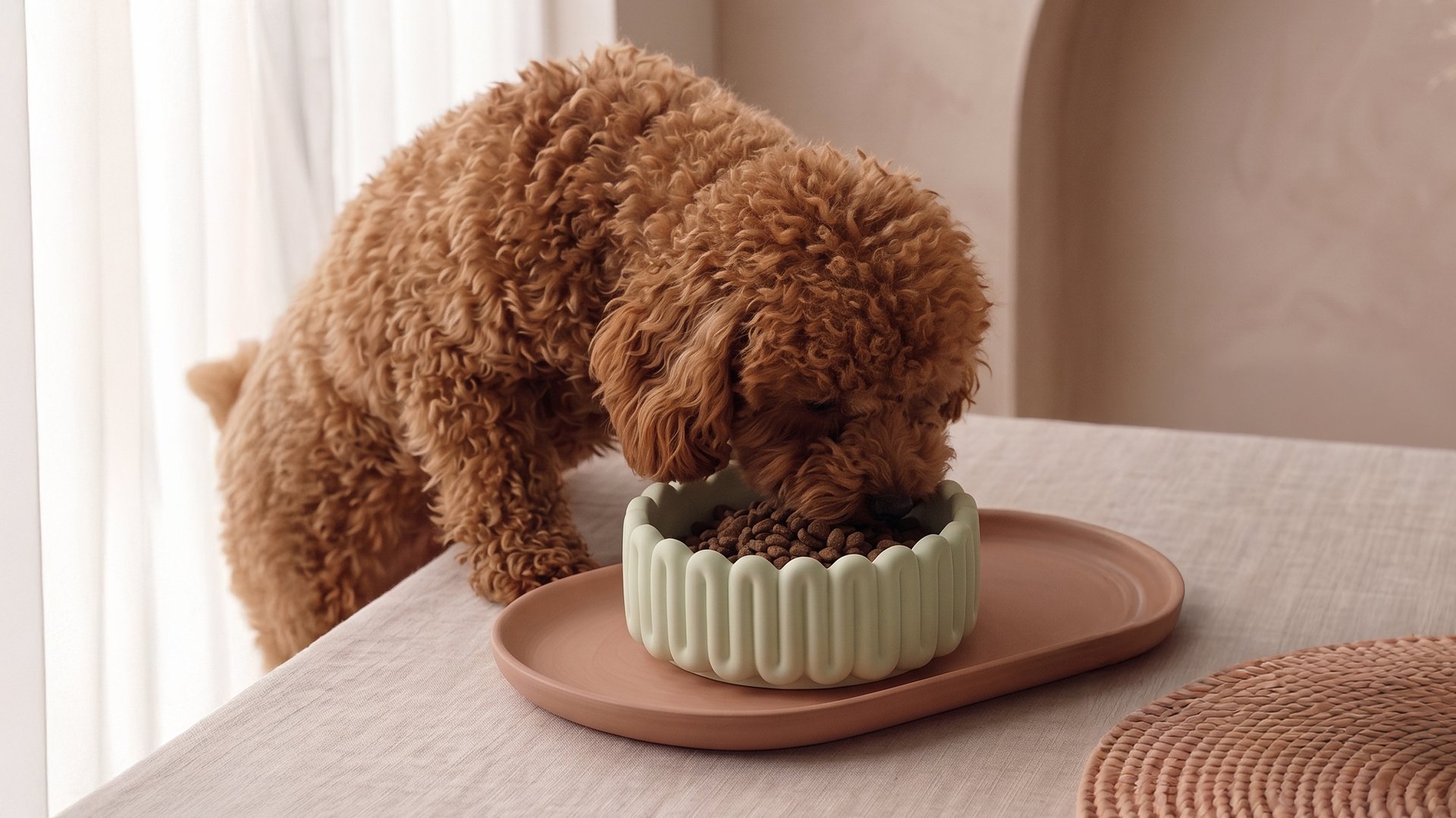 Cane che beve da una ciotola verde salvia