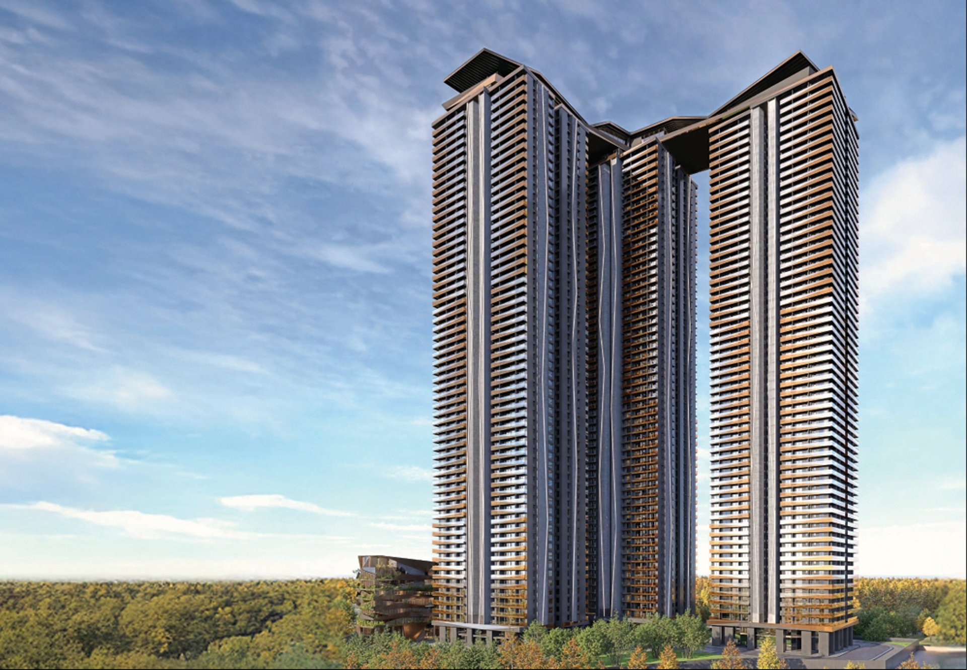 an abstract photo of a curved building with a blue sky in the background