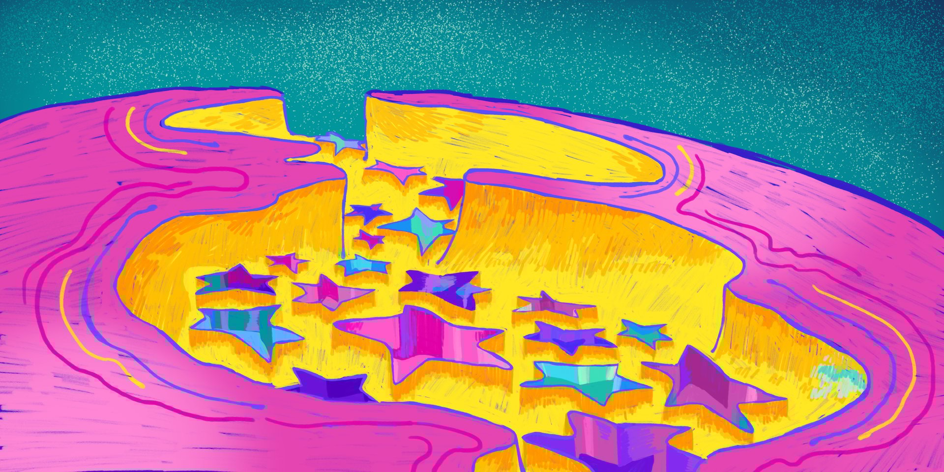 an abstract photo of a curved building with a blue sky in the background