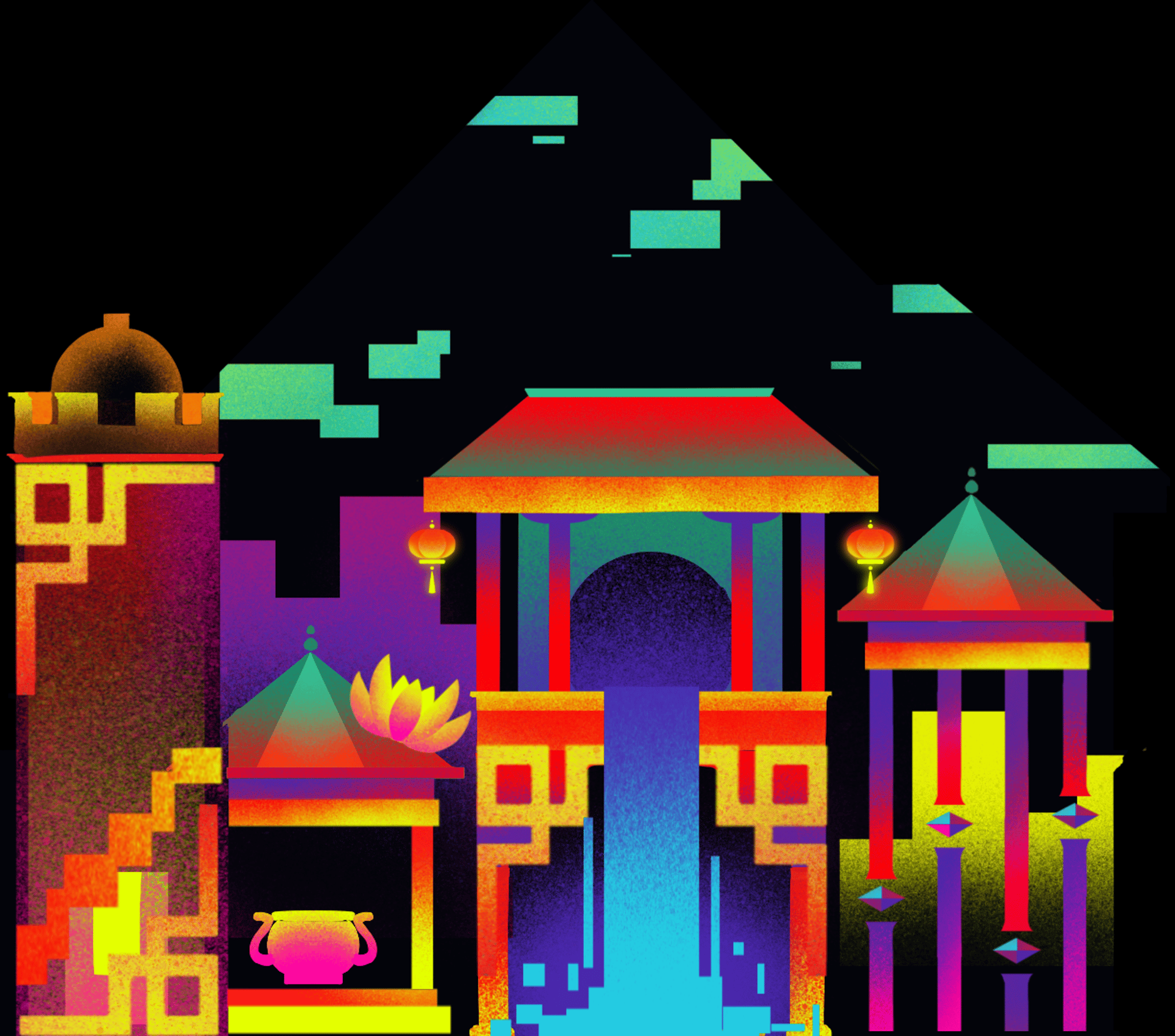 an abstract photo of a curved building with a blue sky in the background