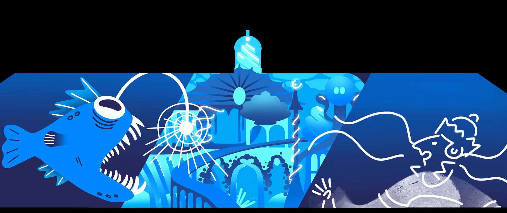 an abstract photo of a curved building with a blue sky in the background