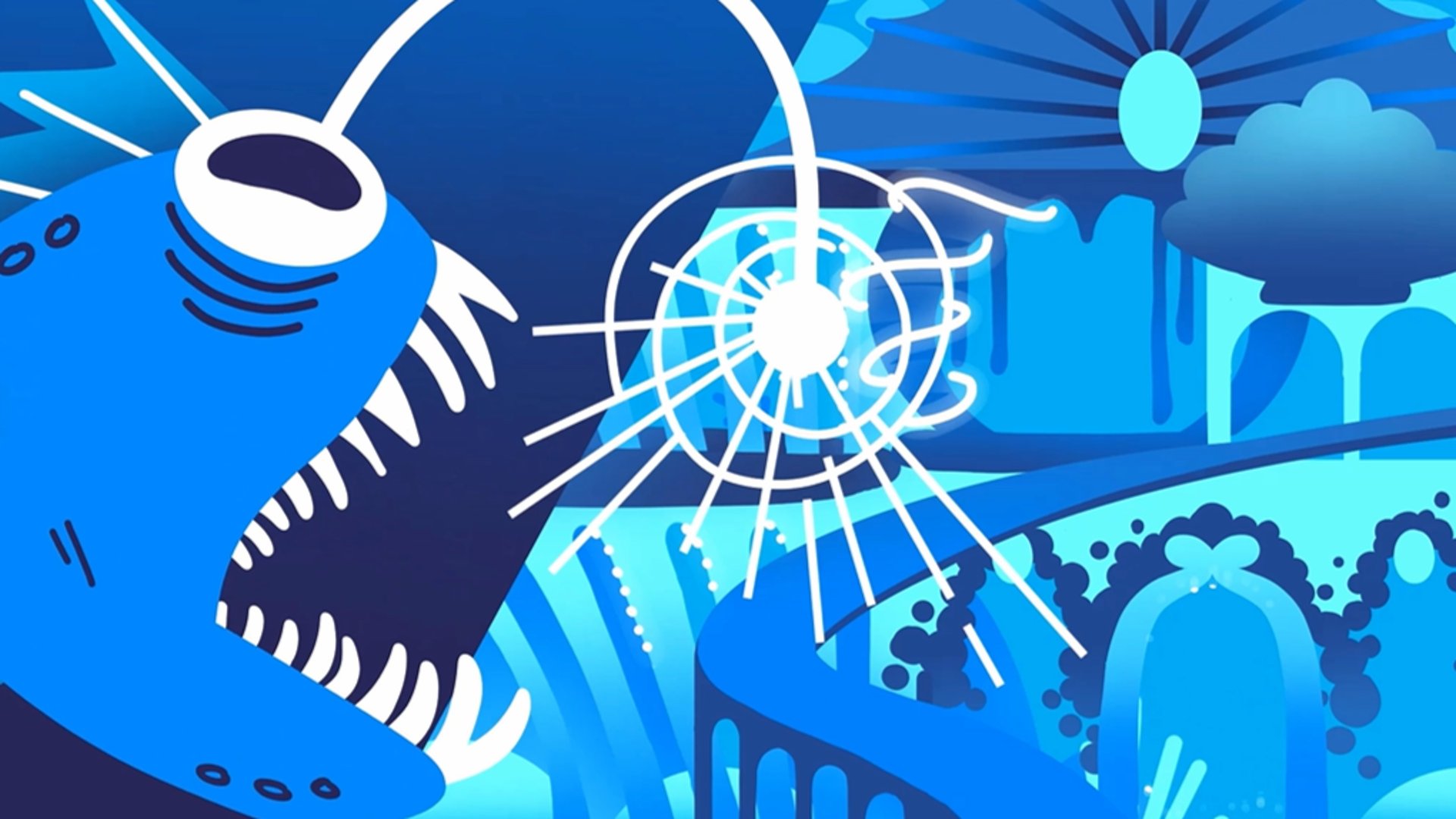 an abstract photo of a curved building with a blue sky in the background