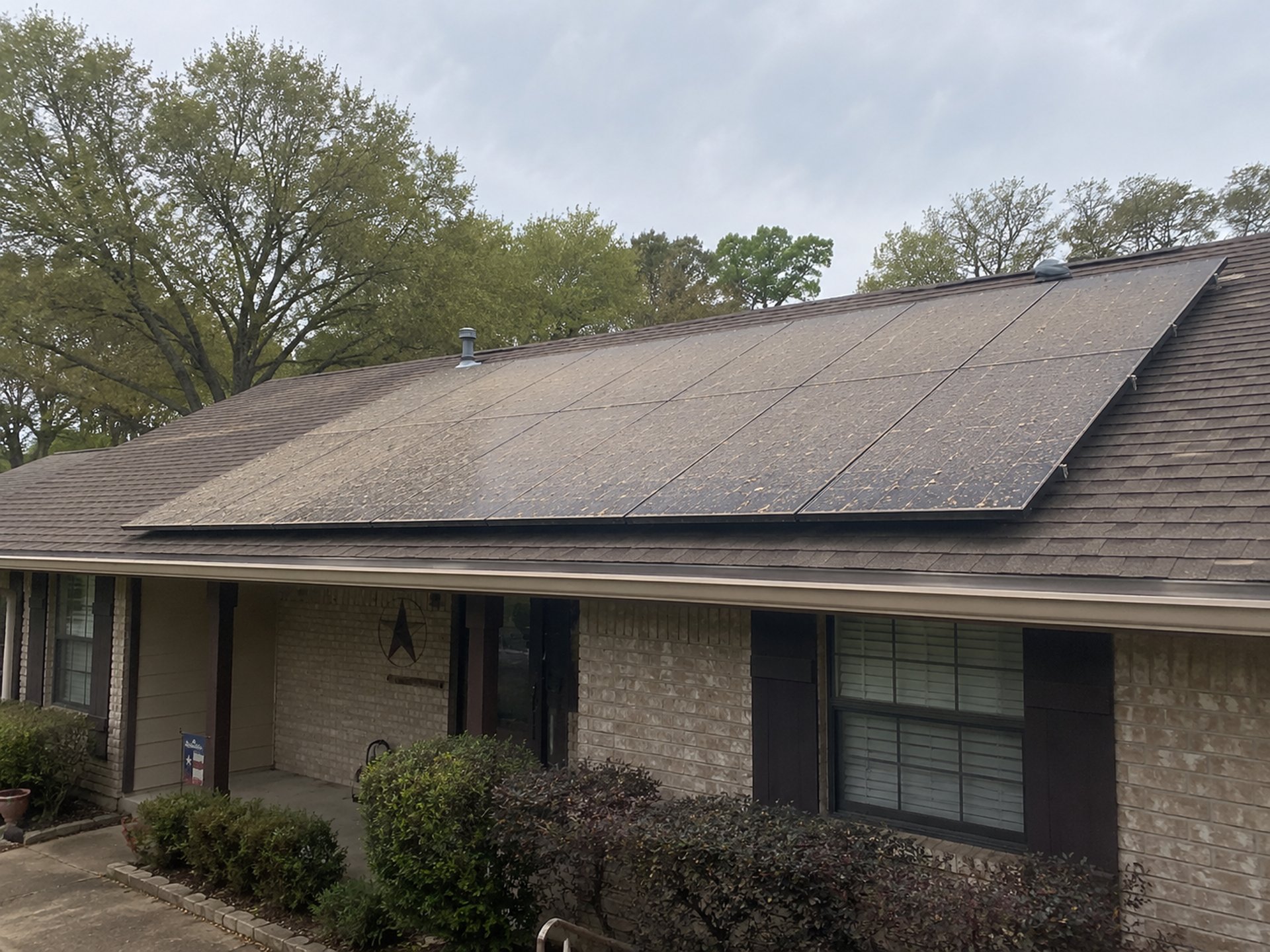 Dirty solar panels before cleaning in Fannin County Texas