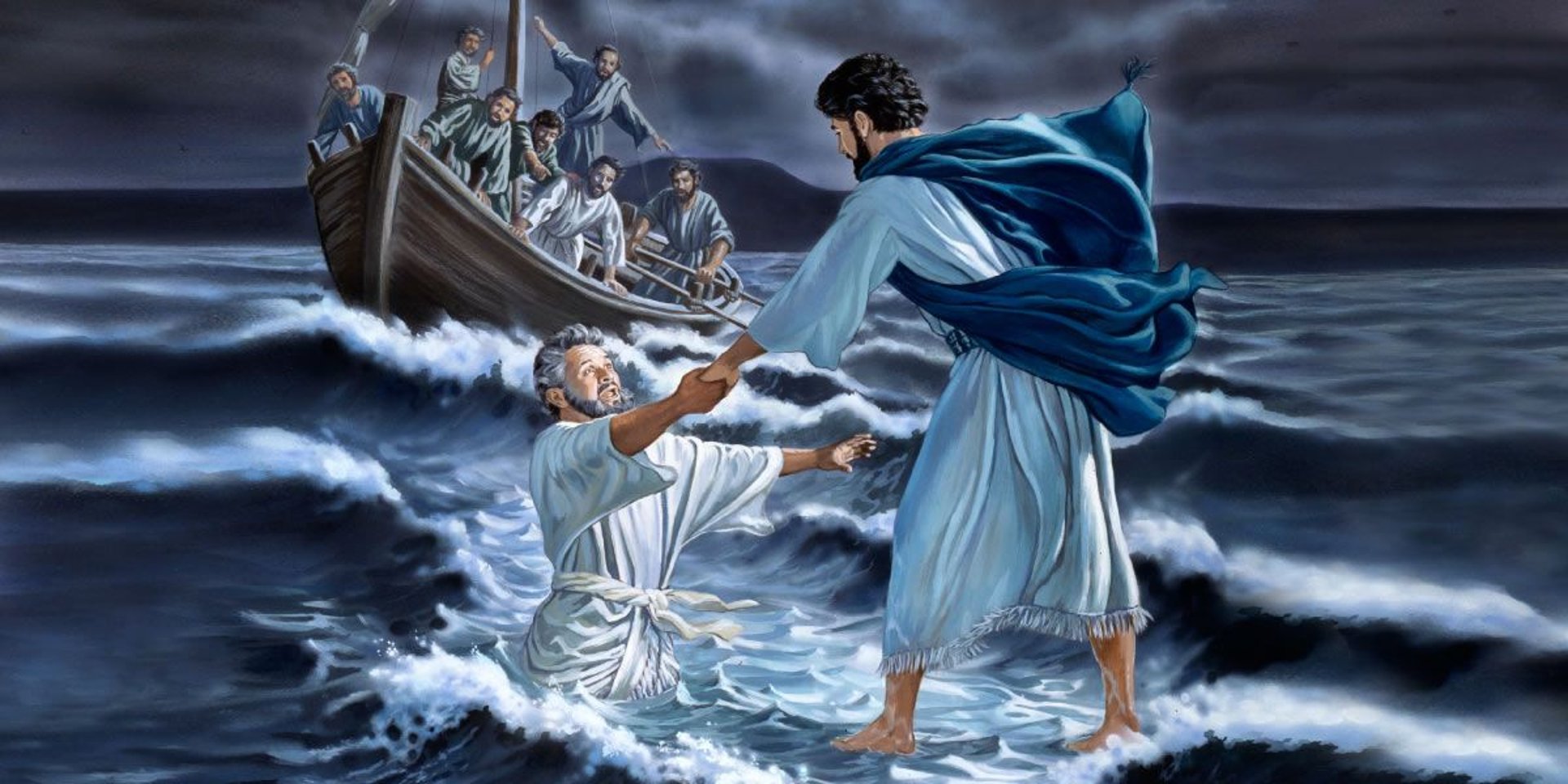 Jesús salvando a Pedro cuando la barca naufragó. Página de voces de amor y vida