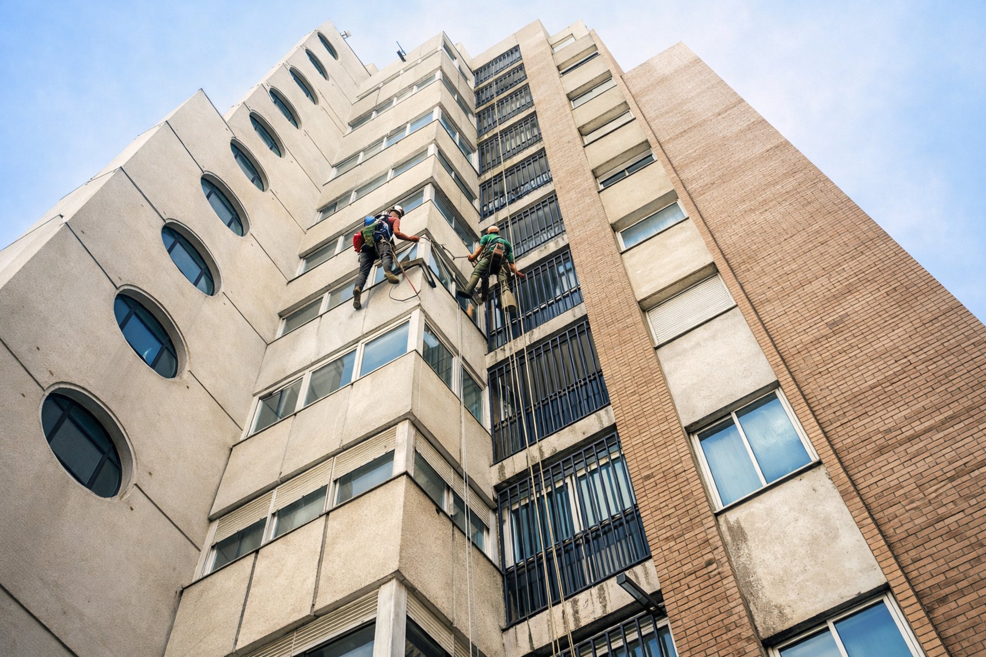 A man on a high wire working on a building