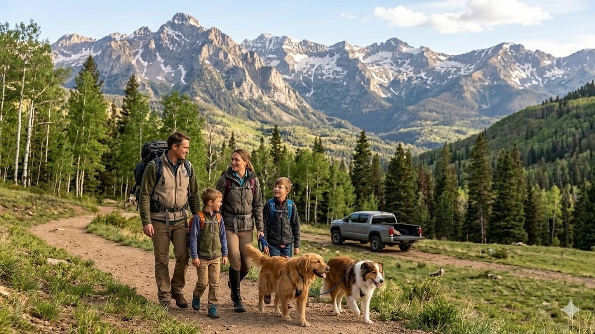A family consisting of a mother, father, 2 kids and 2 dogs on a hike in the Colorado mountains.