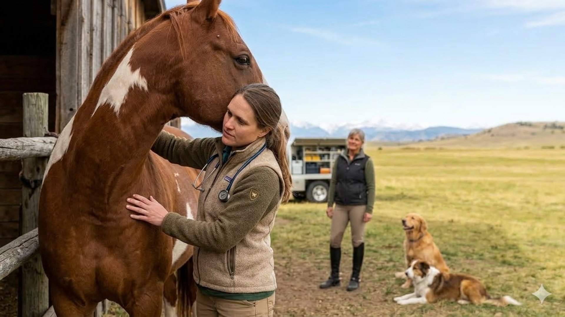 A mobile Veterinarian performs a consultation on a horse near a stable in Colorado.