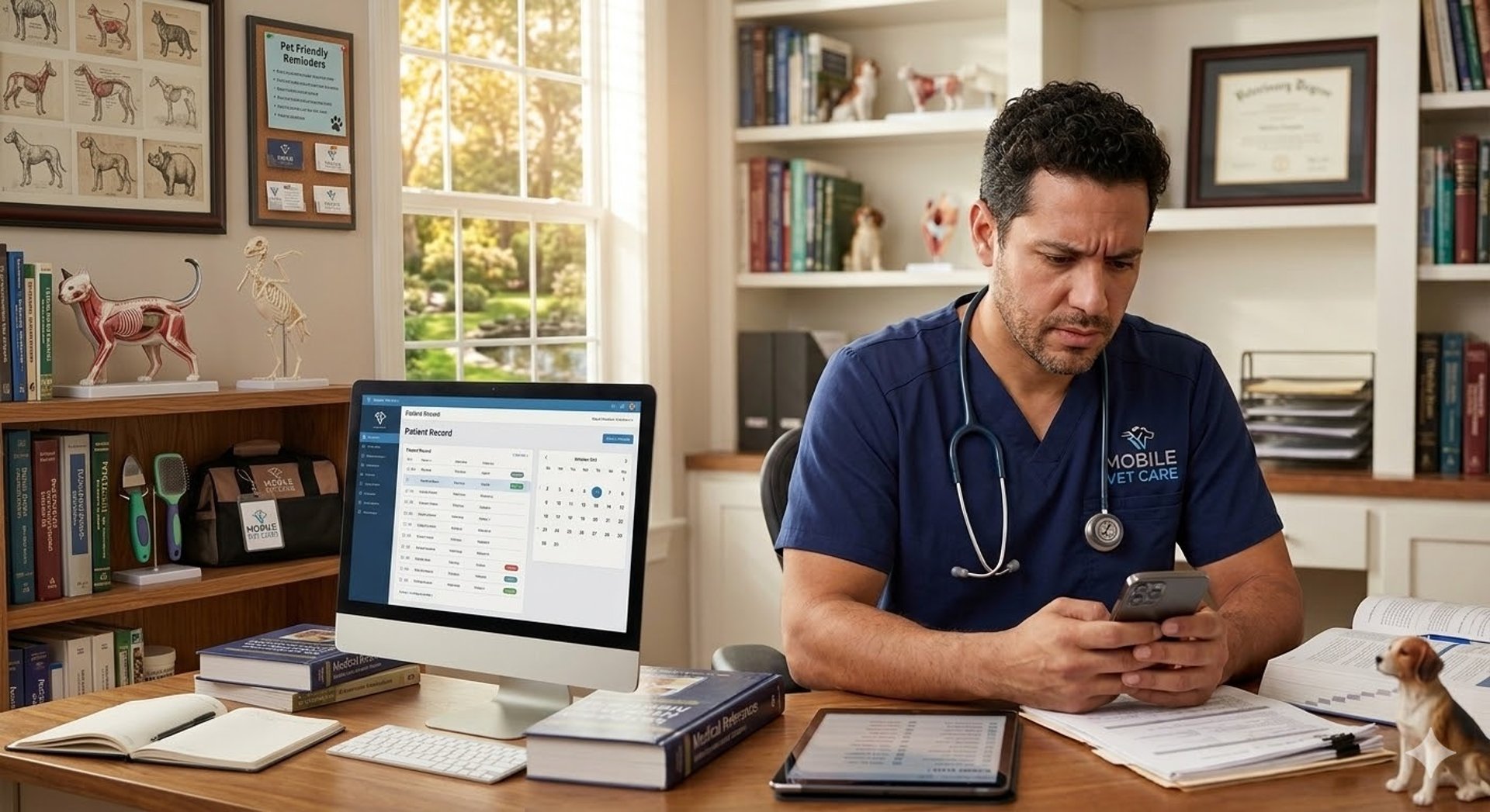 A Mobile Veterinarian sits in his home office looking at his cell phone with concern.