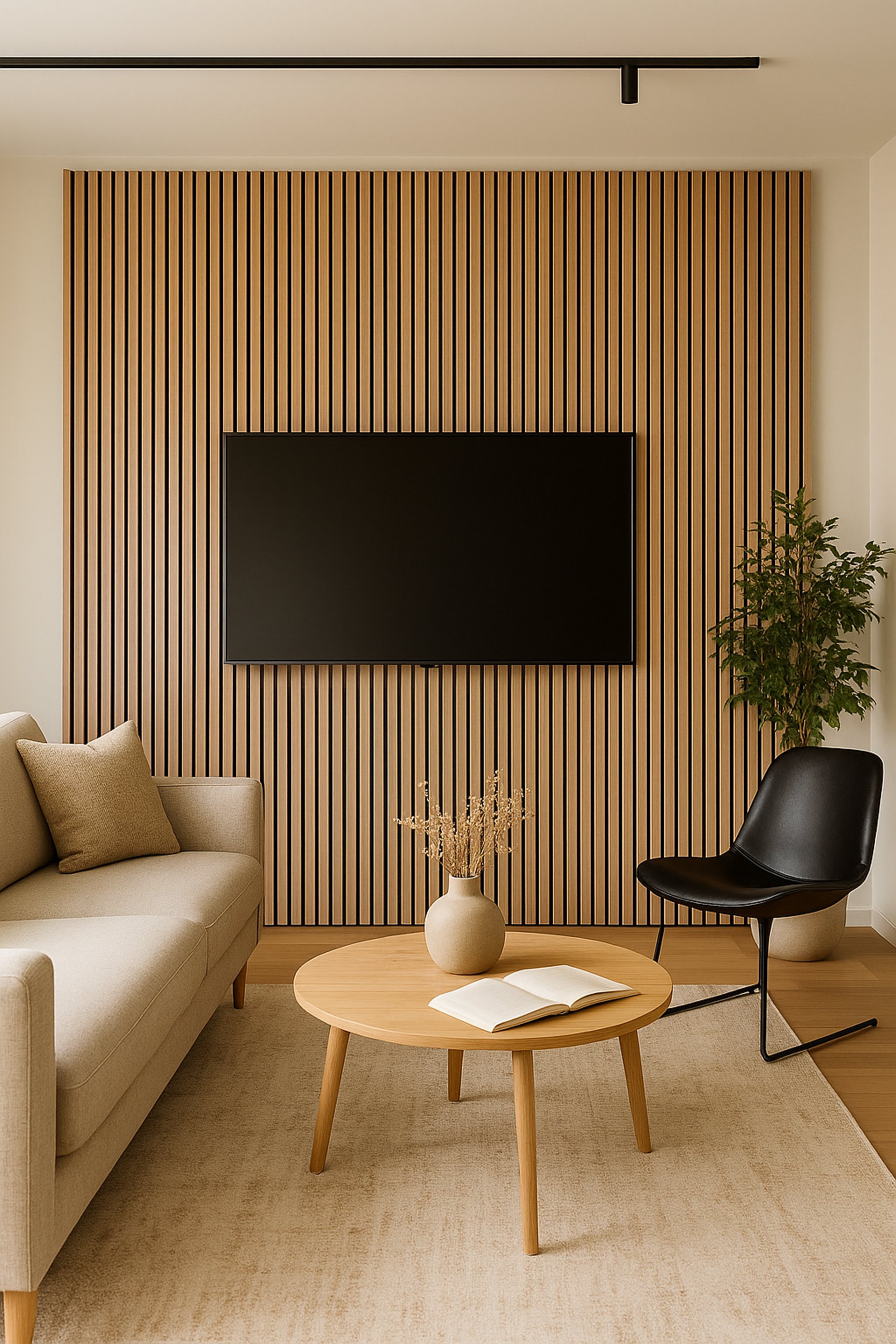 a living room with a fireplace and a picture on the wall
