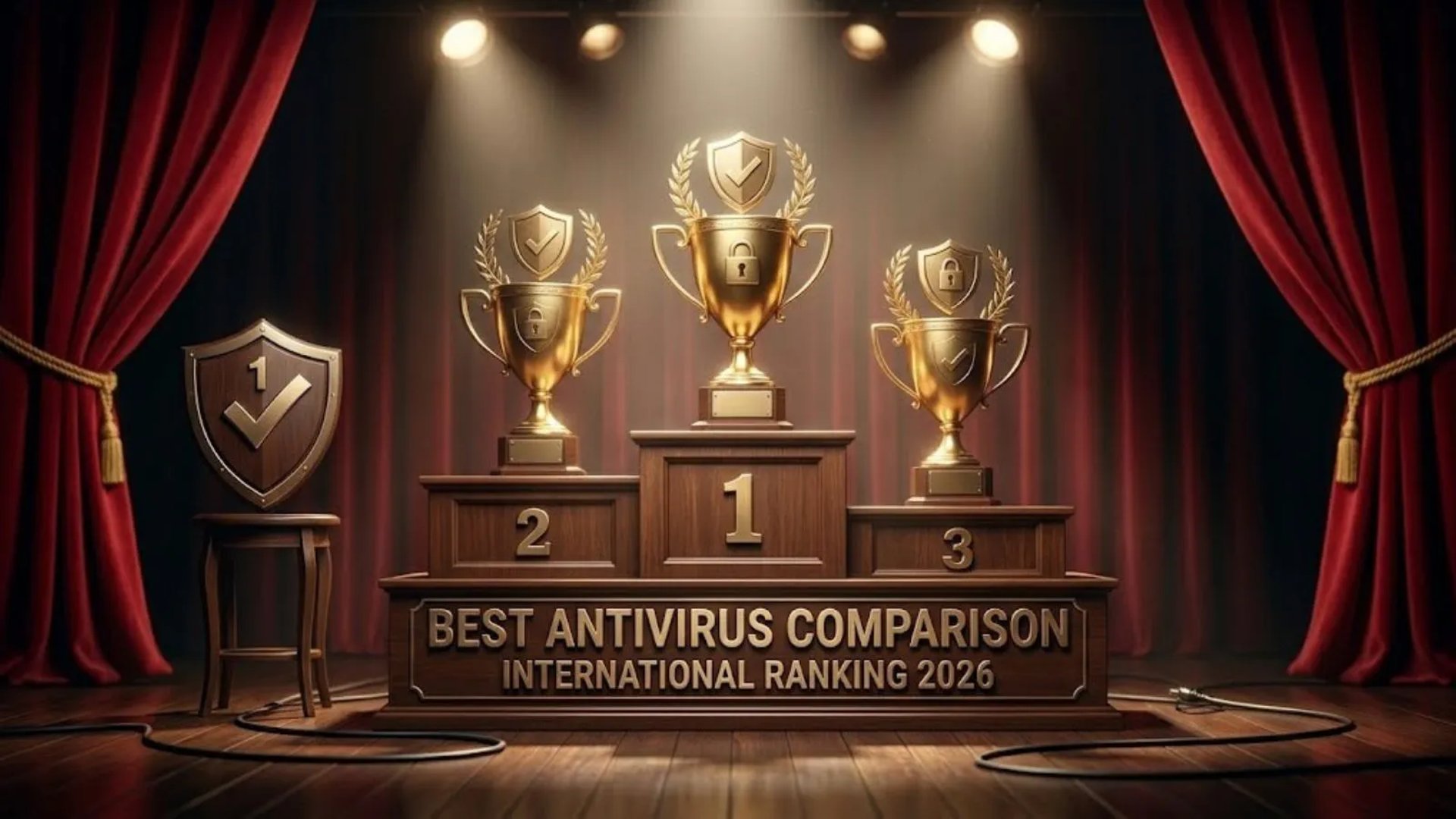 Photo-realistic wooden podium on a theater stage with red curtains for the Best Antivirus Comparison Hall of Fame.