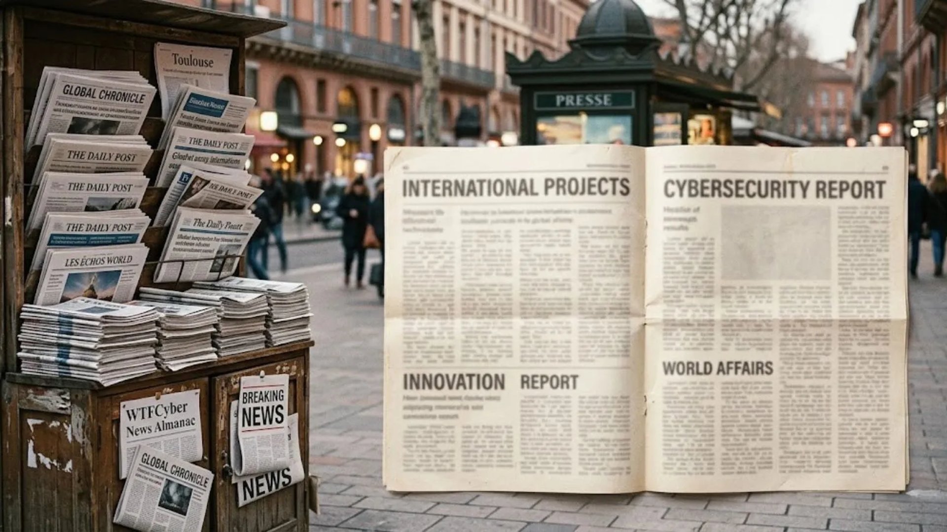 A wooden newsstand with stacked papers next to an open newspaper with cybersecurity headlines on a blurred street background.