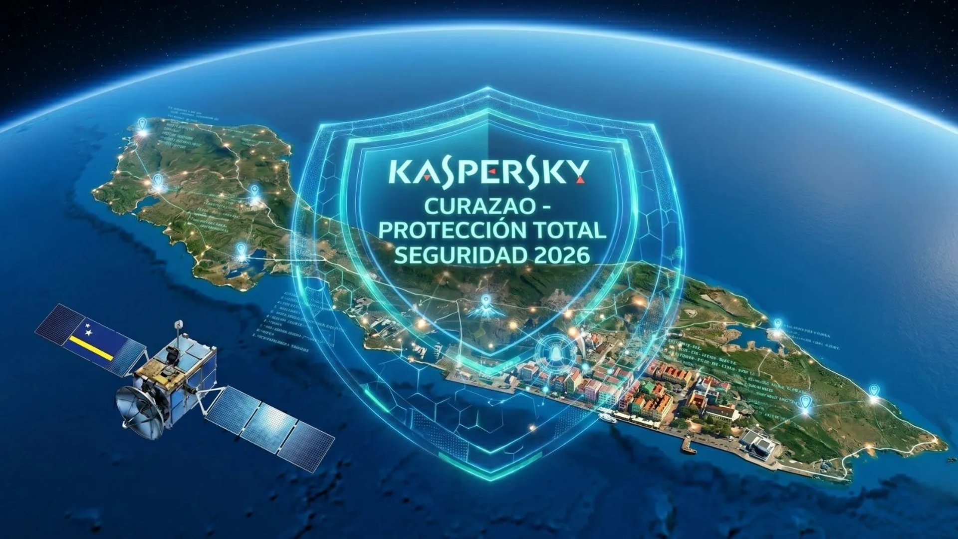Isla de Curazao en el Caribe vista desde el espacio con aura de seguridad informática de Kaspersky.