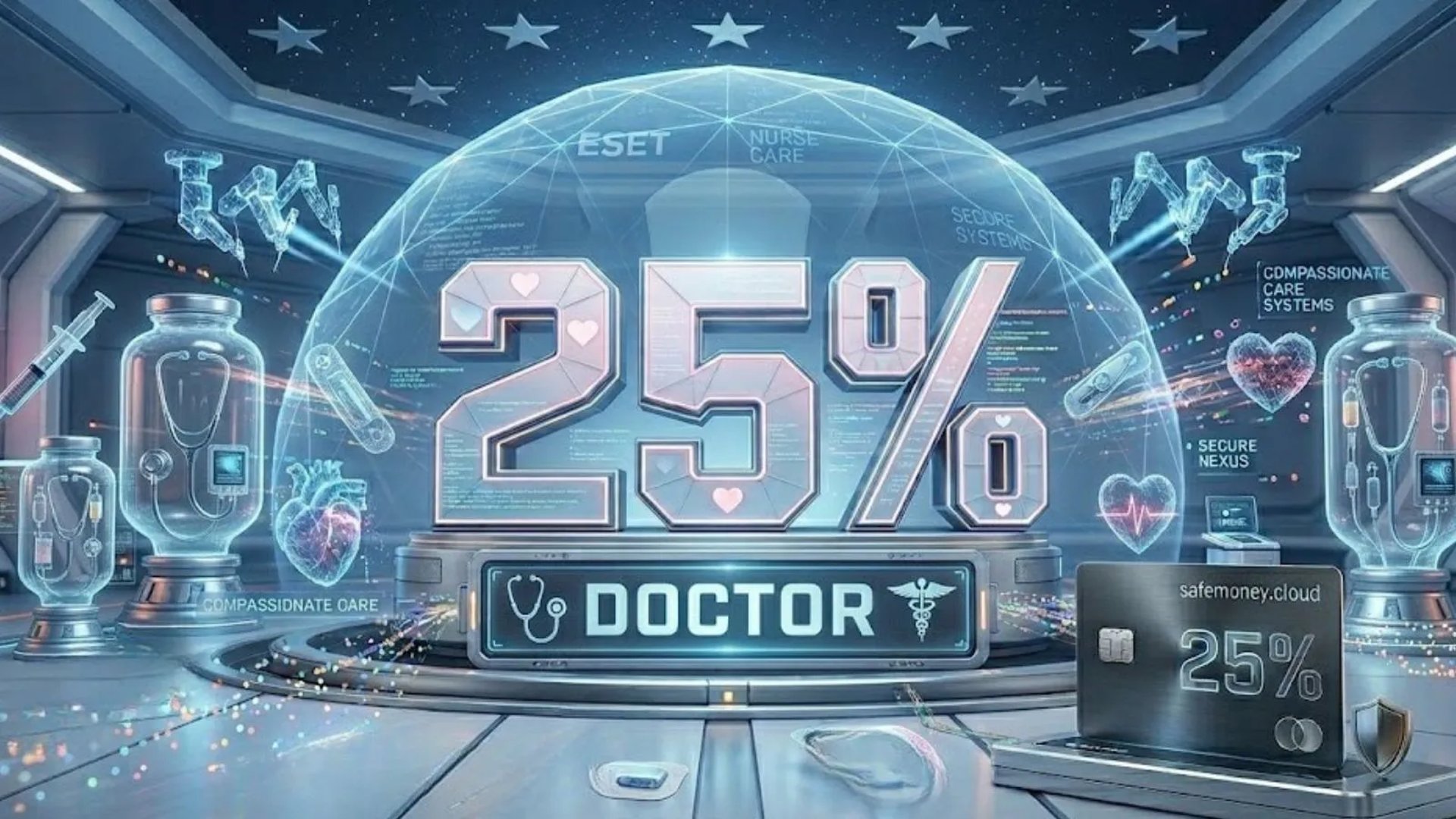 3D premium medical shield with 25% ESET Doctor Discount, surgical mask and caduceus icons Stethoscope Hippocratic Oath 