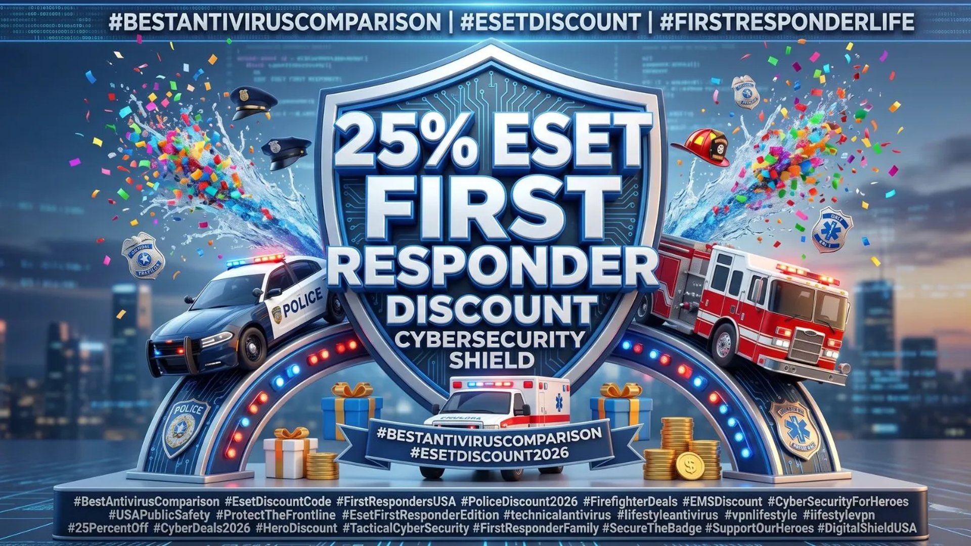 3D protective shield with 25% ESET First Responder Discount, siren and badge icons.