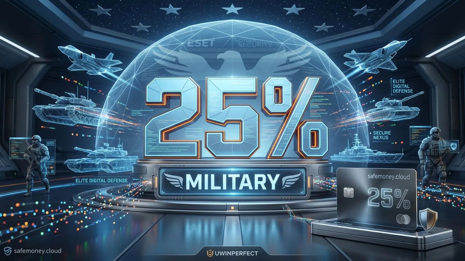 3D metallic shield with 25% ESET Military Discount, tactical gear and stars.