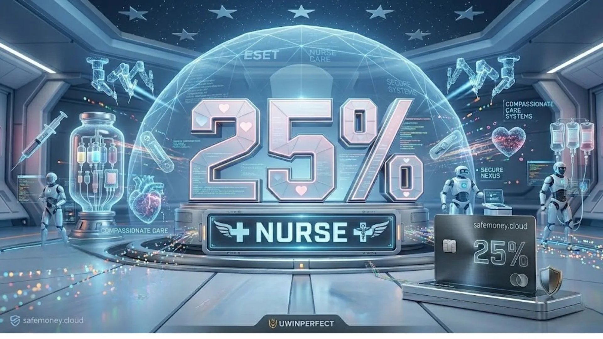 3D medical shield with 25% ESET Nurse Discount, stethoscope and syringe icons.