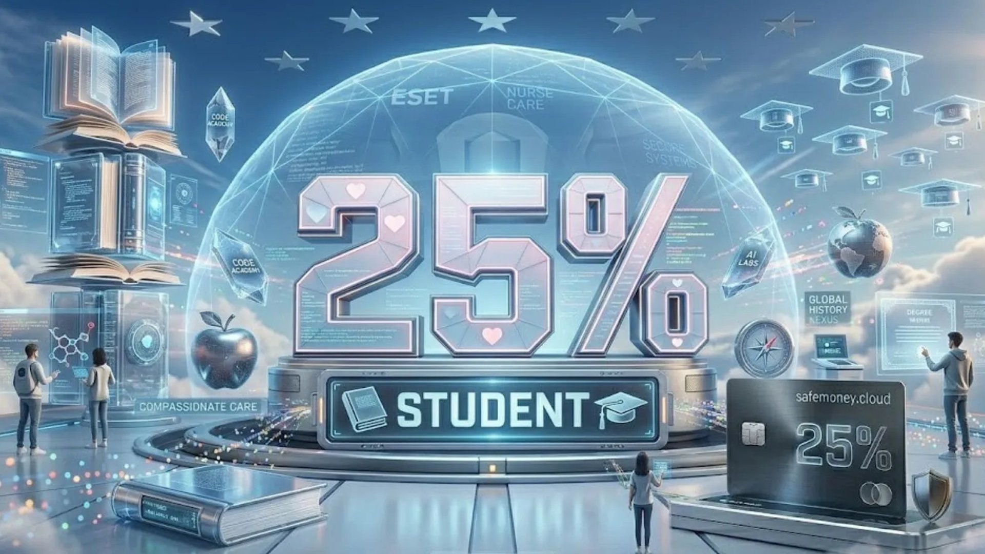 3D blue shield with 25% ESET Student Discount, graduation cap and diploma icons.