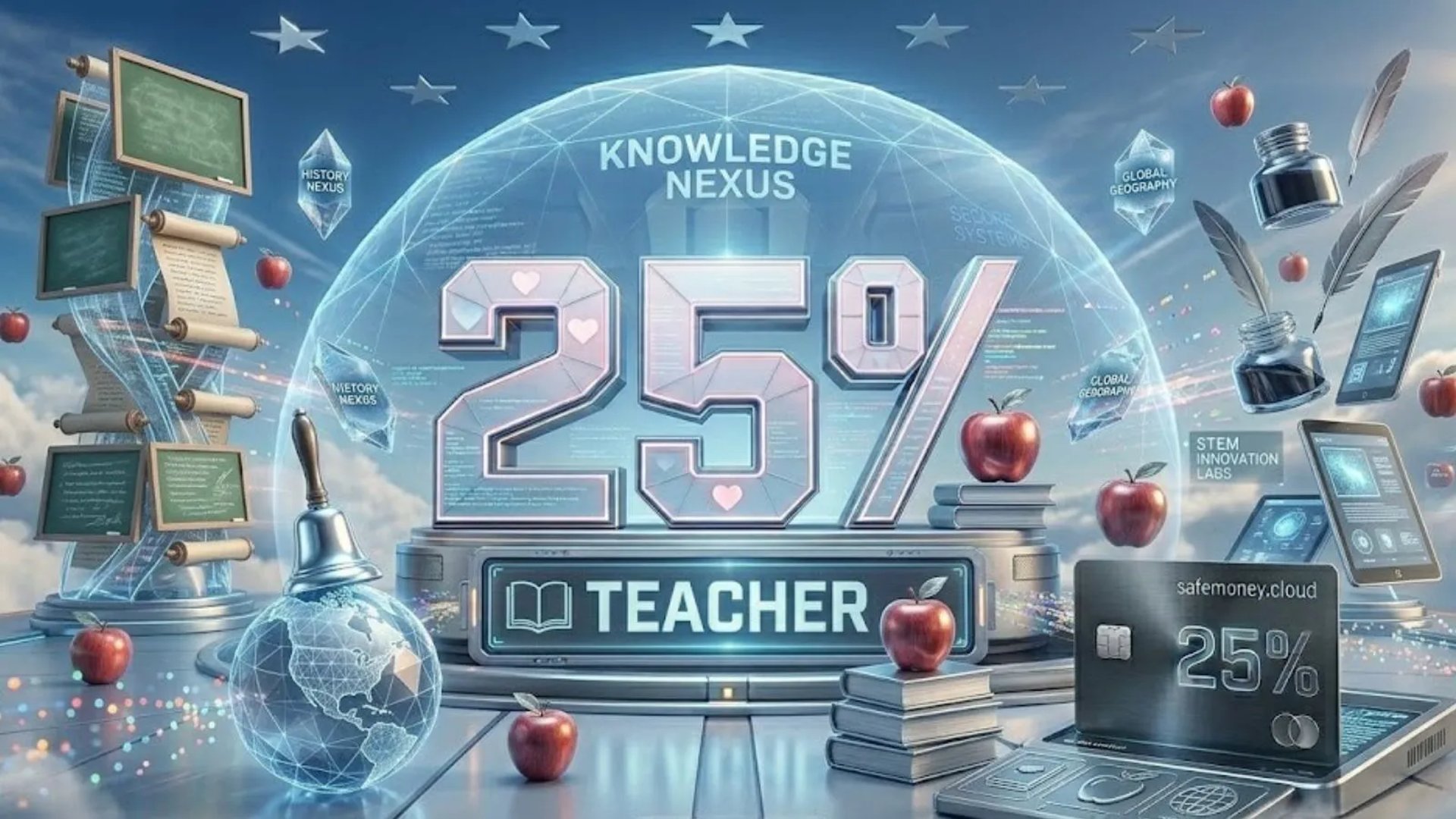 3D shield with 25% ESET Teacher Discount, apple and blackboard icons.