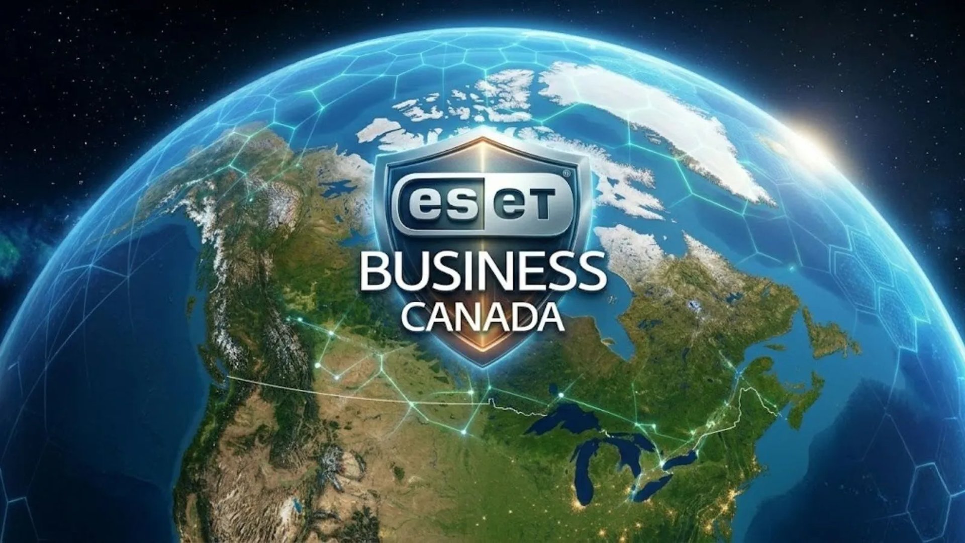 Digital map of Canada from space displaying ESET BUSINESS CANADA endpoint security coverage.
