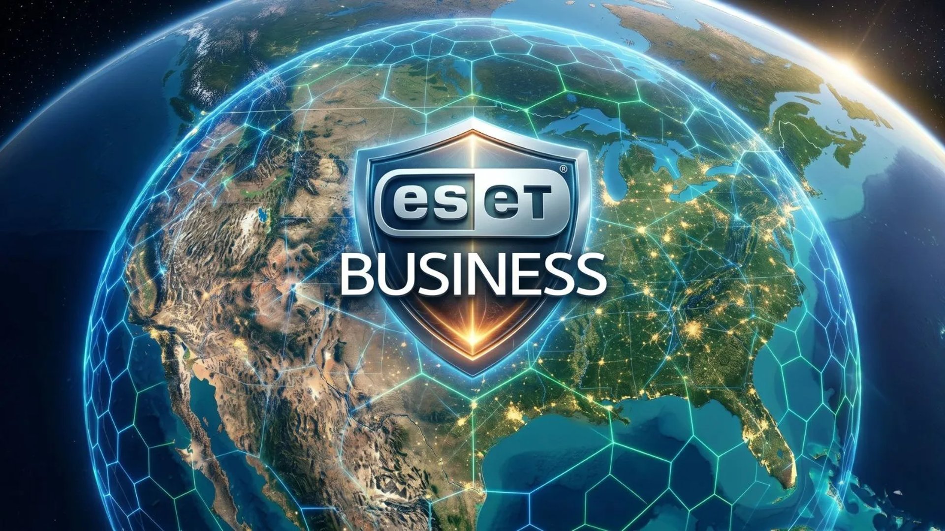 Orbital view of USA continent with ESET BUSINESS antivirus shield glowing over major economic hubs.